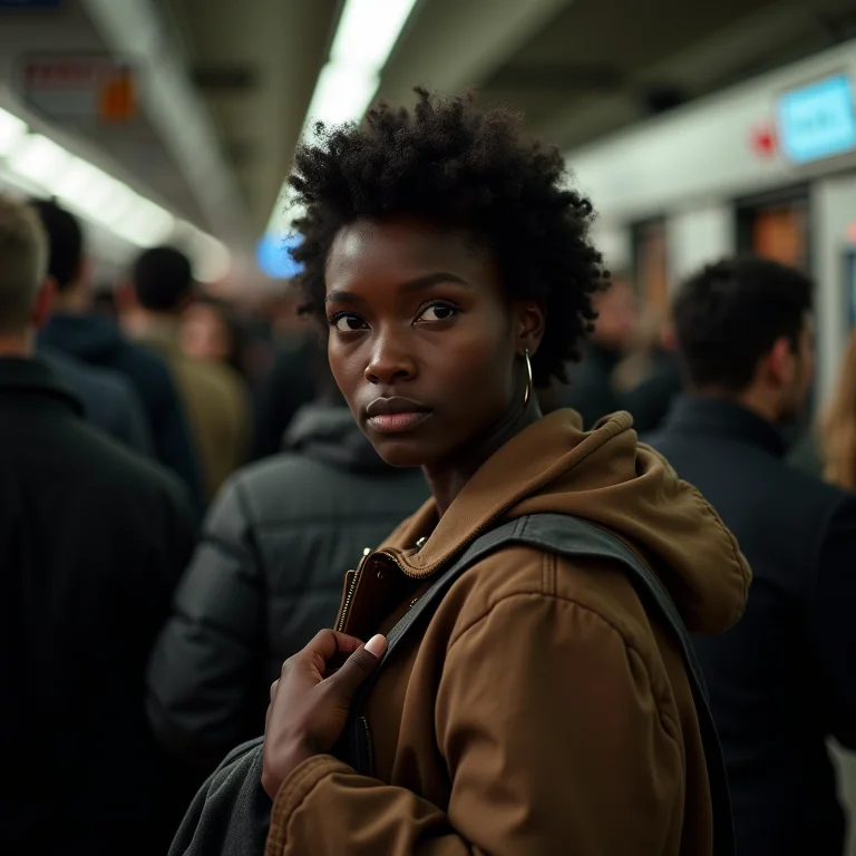 Mulher atenta à segurança em estação de trem.
