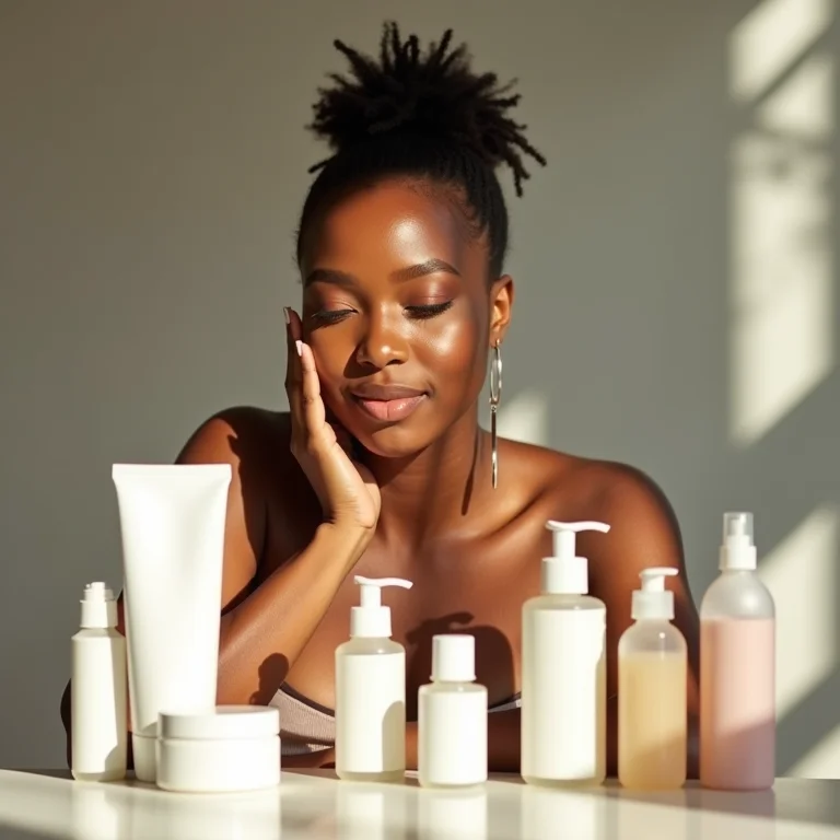 Mulher avaliando produtos de higiene pessoal, representando avaliação de necessidades.