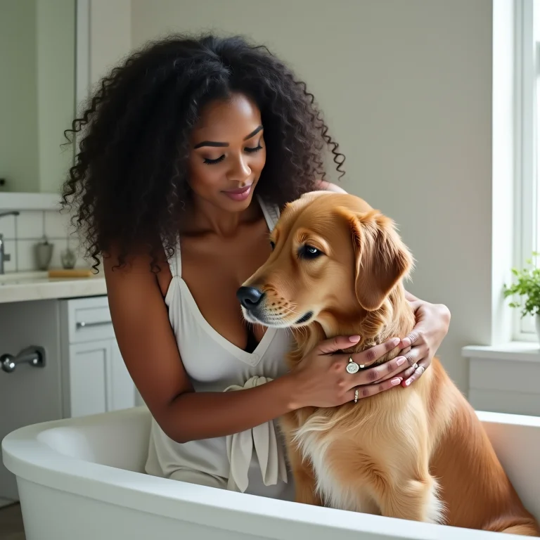 Mulher banhando seu Golden Retriever em um banheiro moderno.