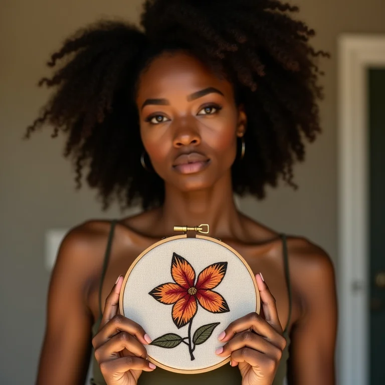 Mulher bordando em bastidor com design exclusivo