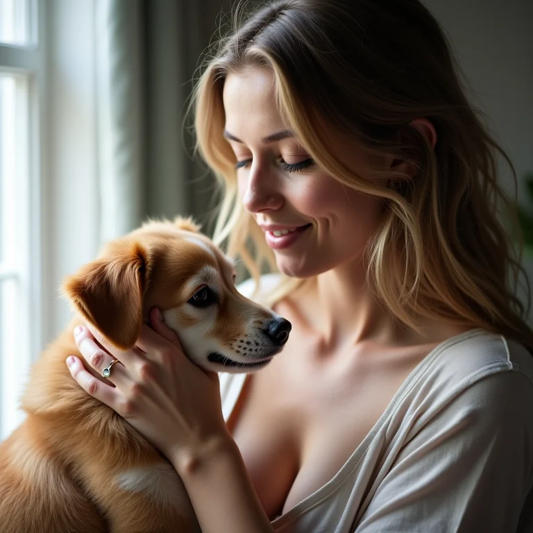 Mulher branca acariciando seu cachorro, transmitindo confiança e carinho.