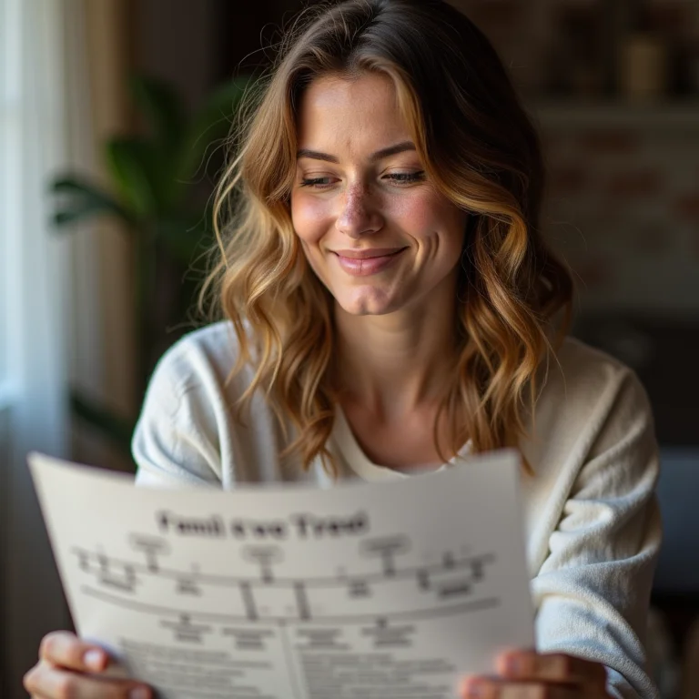 Mulher branca analisando árvore genealógica para planejamento sucessório.