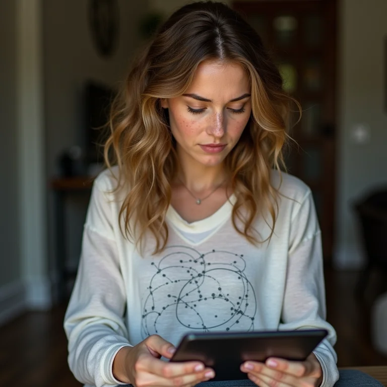 Mulher branca analisando diagrama da Marvel