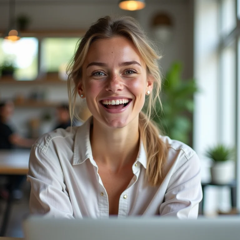 Mulher branca celebrando o sucesso de sua loja de conveniência