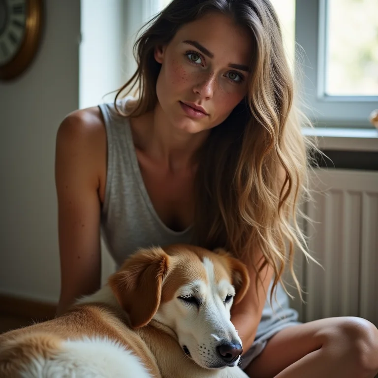 Mulher branca com cachorro dormindo em suas costas, transmitindo apoio e conforto.