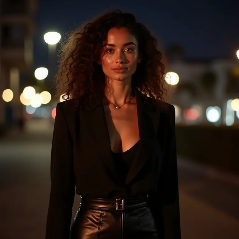 Mulher branca com saia de couro sintético e blazer em look noturno
