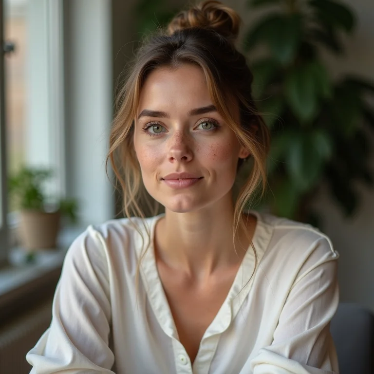 Mulher branca com sardas e maquiagem natural trabalhando