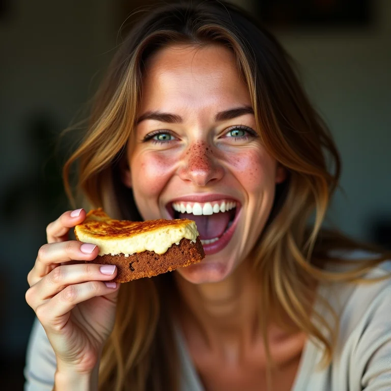 Mulher branca com sardas saboreando empadão goiano da Tia Maria em Goiânia