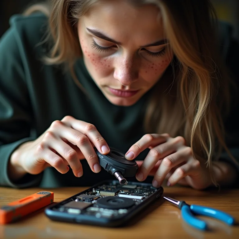 Mulher branca examinando hardware do celular