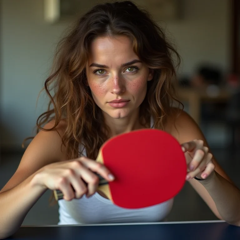 Mulher branca examinando raquete de tênis de mesa