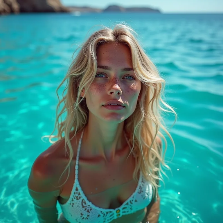 Mulher branca nadando nas águas cristalinas da Ilha de Gozo, Malta.