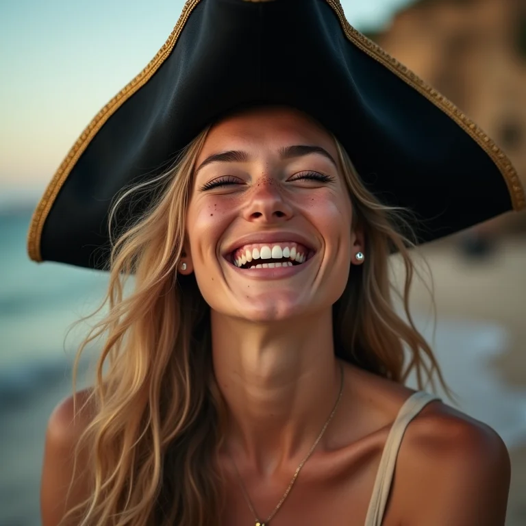 Mulher branca sorrindo com um chapéu de pirata.