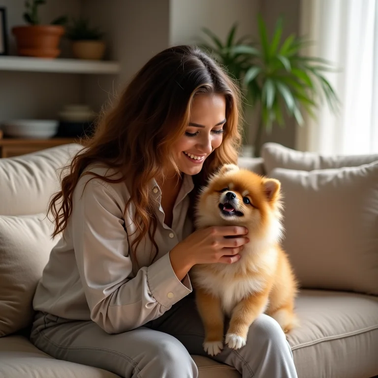 Mulher brincando com Lulu da Pomerânia em sala iluminada
