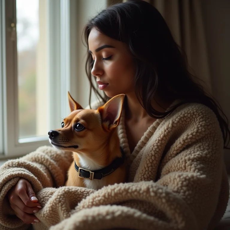 Mulher cobrindo chihuahua tremendo com cobertor