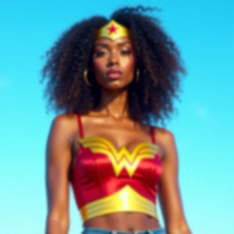 Mulher confiante usando top inspirado na Mulher-Maravilha contra céu azul