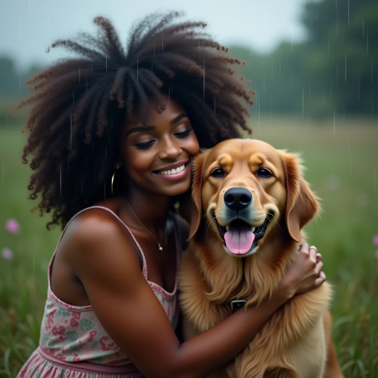 Mulher confortando seu Golden Retriever durante uma tempestade.