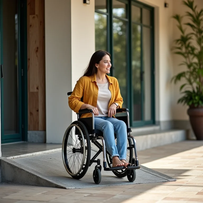 Mulher em cadeira de rodas acessando um prédio em Recife.