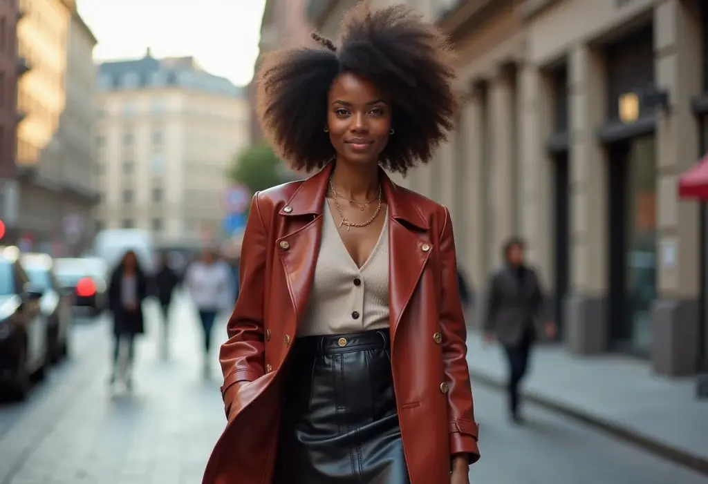 Mulher estilosa usando saia de couro midi em ambiente urbano