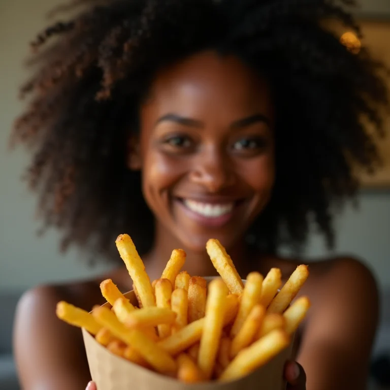 Mulher experimentando batatas fritas feitas na air fryer.