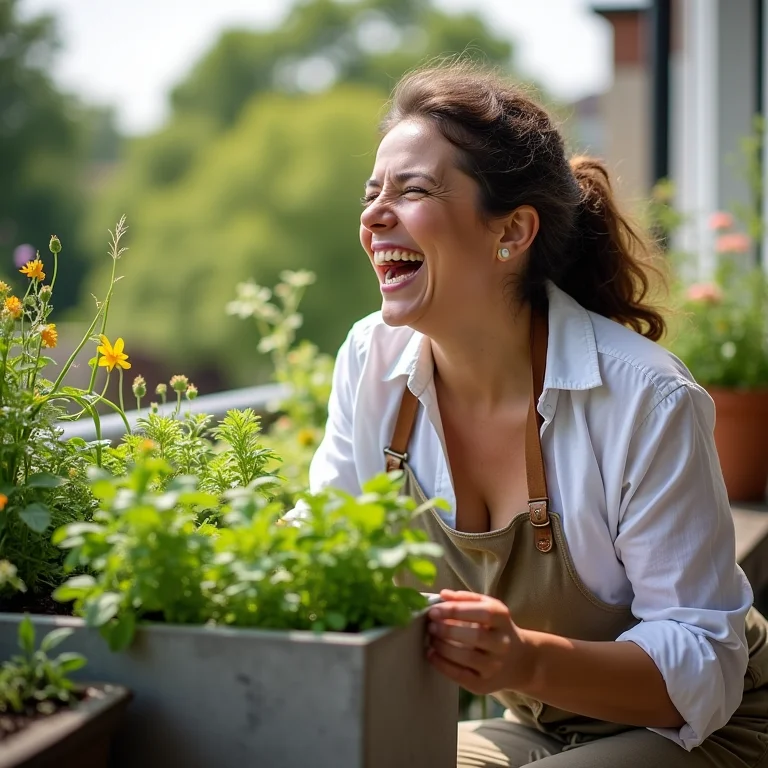 Mulher feliz plantando ervas em vaso de cimento DIY