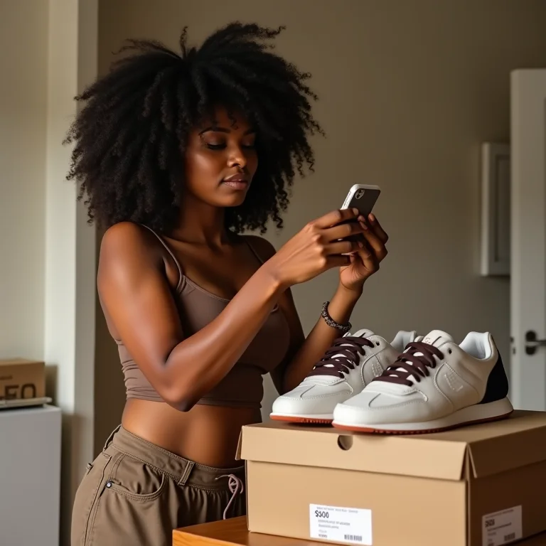 Mulher fotografando e etiquetando caixas de sapatos.