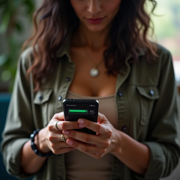 Mulher latina checando bateria do celular