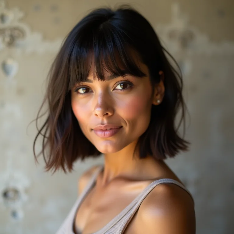 Mulher latina com corte bob para equilibrar o maxilar