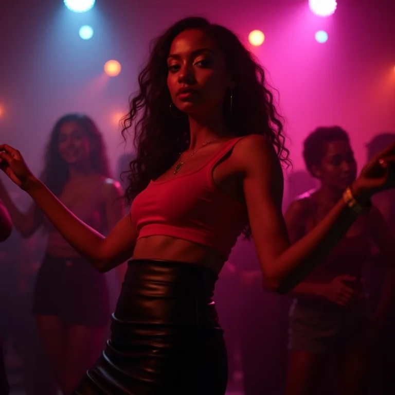 Mulher latina com saia de couro sintético em ambiente de festa