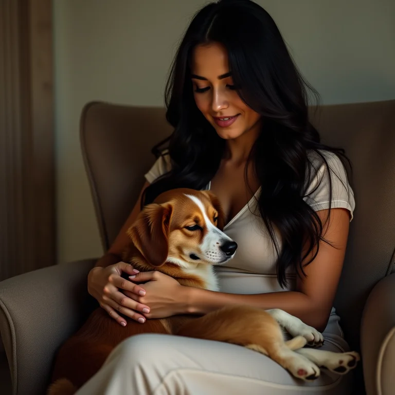 Mulher latina com seu cachorro dormindo em seus pés, buscando conforto e proximidade.