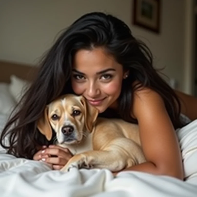 Mulher latina deitada na cama com seu cachorro, buscando conforto e proximidade.