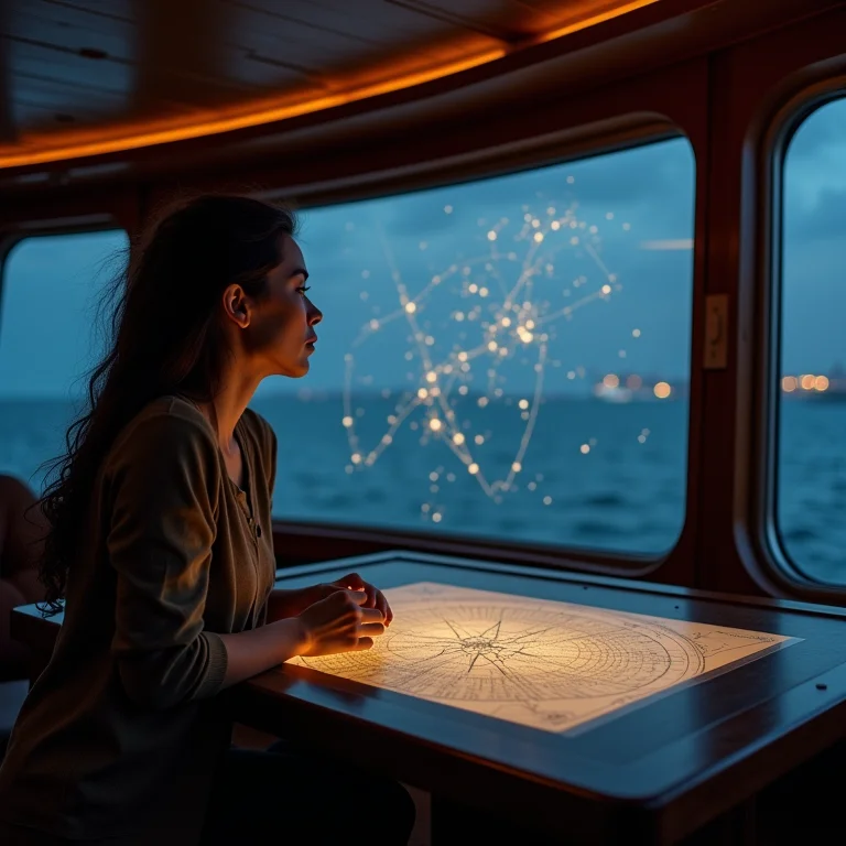 Mulher latina olhando para um mapa estelar em uma mesa de navegação.