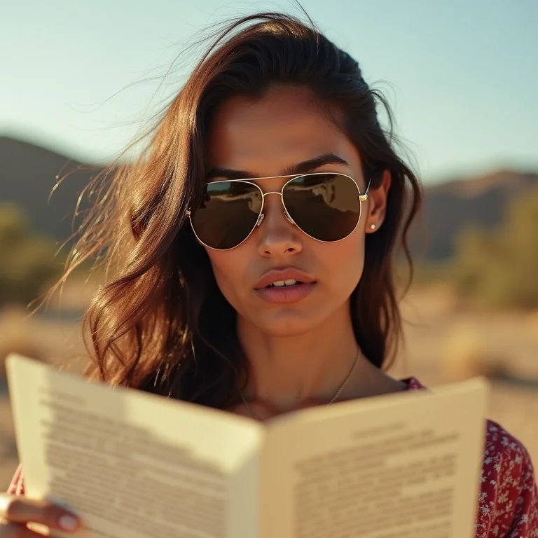 Mulher lendo um roteiro em um set de filmagem ensolarado