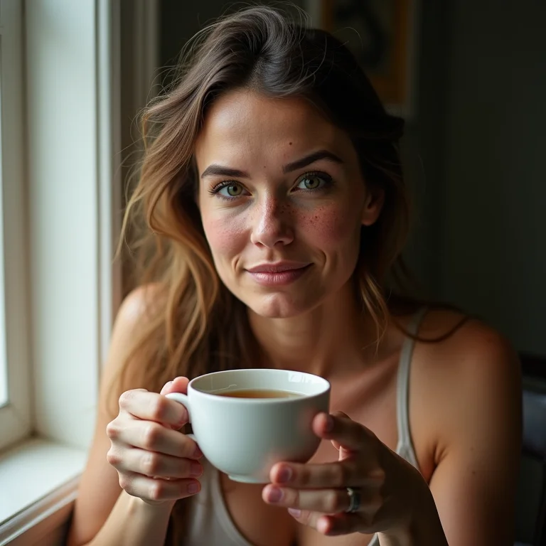Mulher mid-size com sardas bebendo chá de melissa perto da janela