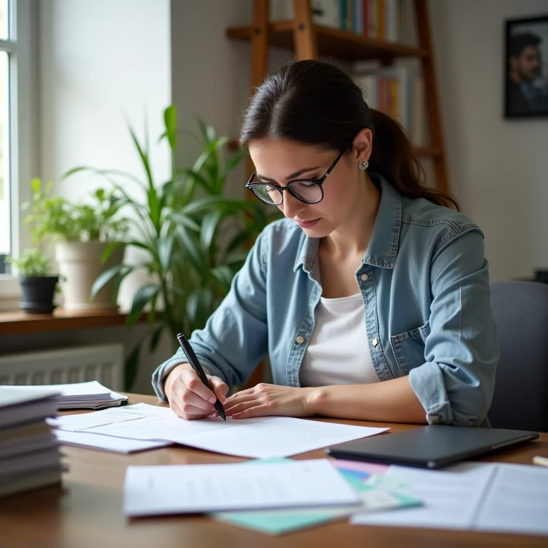 Mulher mid-size organizando documentos em escritório.