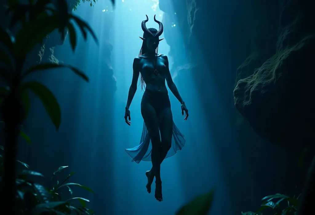 Mulher Na'vi flutuando em Pandora