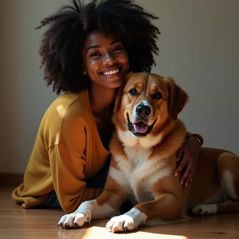 Mulher negra abraçando seu cachorro, demonstrando afeto e conexão.