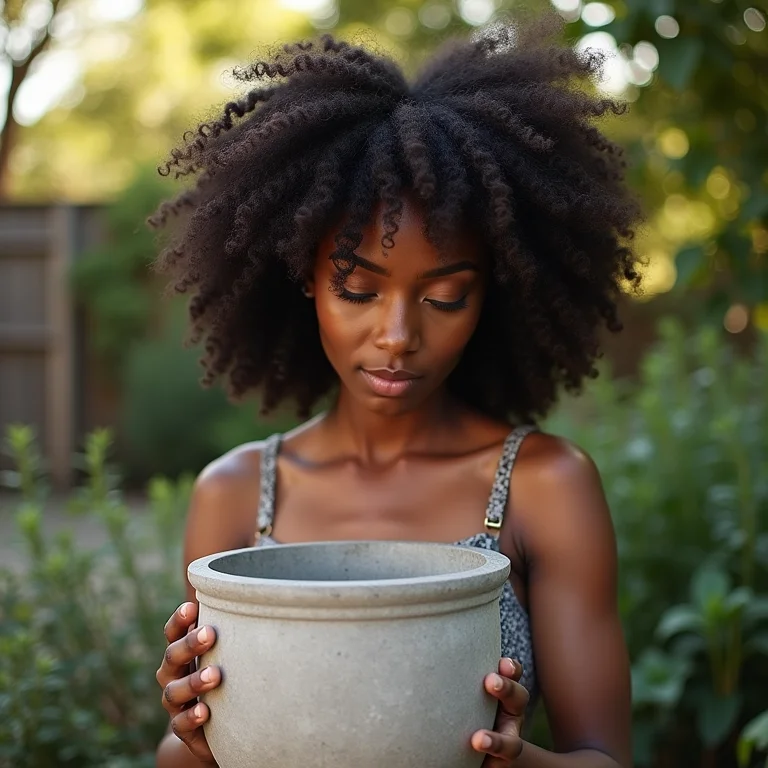 Mulher negra admira vaso de cimento em seu jardim