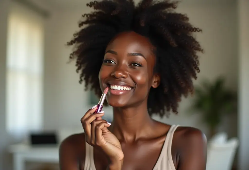 Maquiagem natural: o segredo para um look impecável no trabalho Mulher negra aplicando batom nude em ambiente de trabalho minimalista