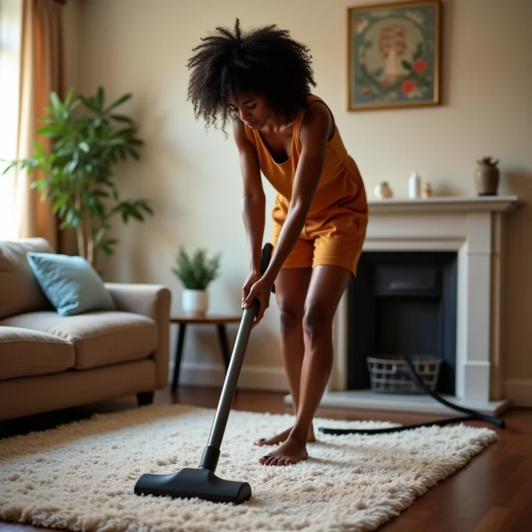 Mulher negra aspirando tapete felpudo em casa