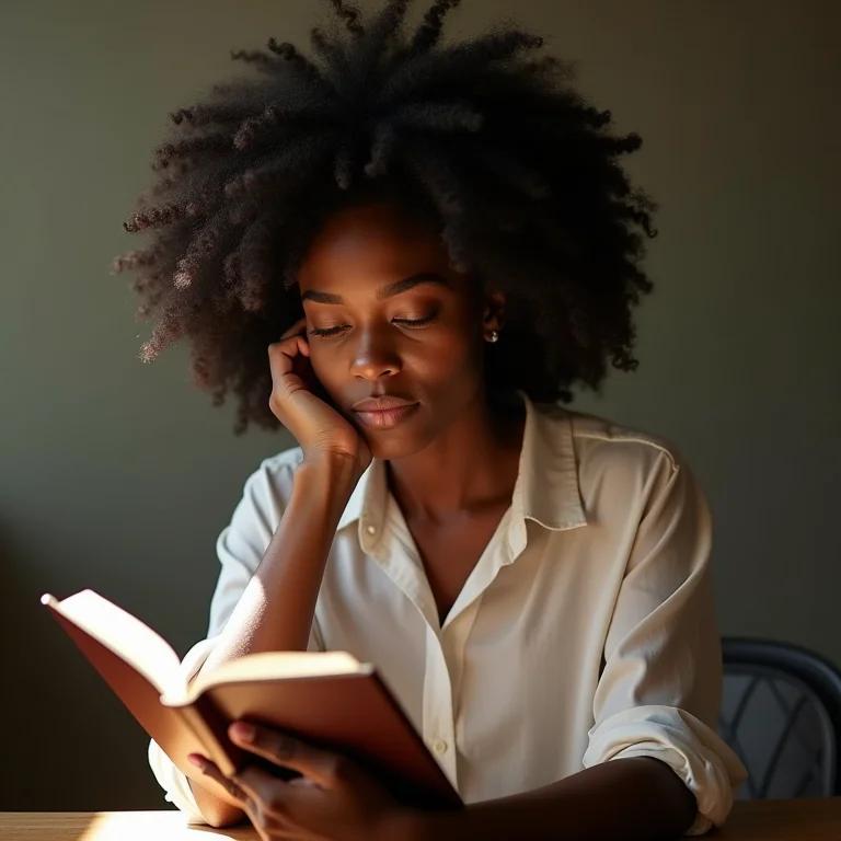Mulher negra com cabelo cacheado analisando dados em um caderno.