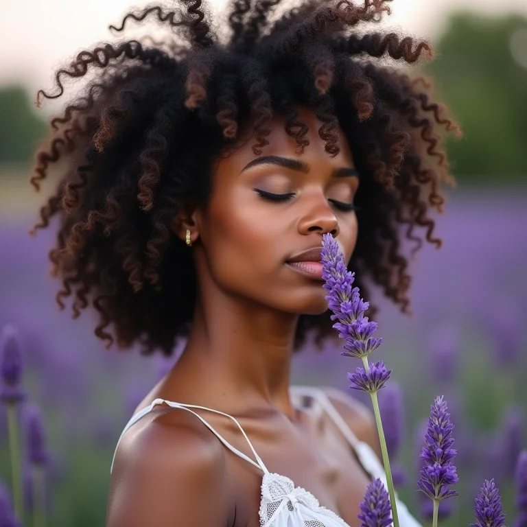 Mulher negra com cabelos cacheados inalando o aroma de lavanda