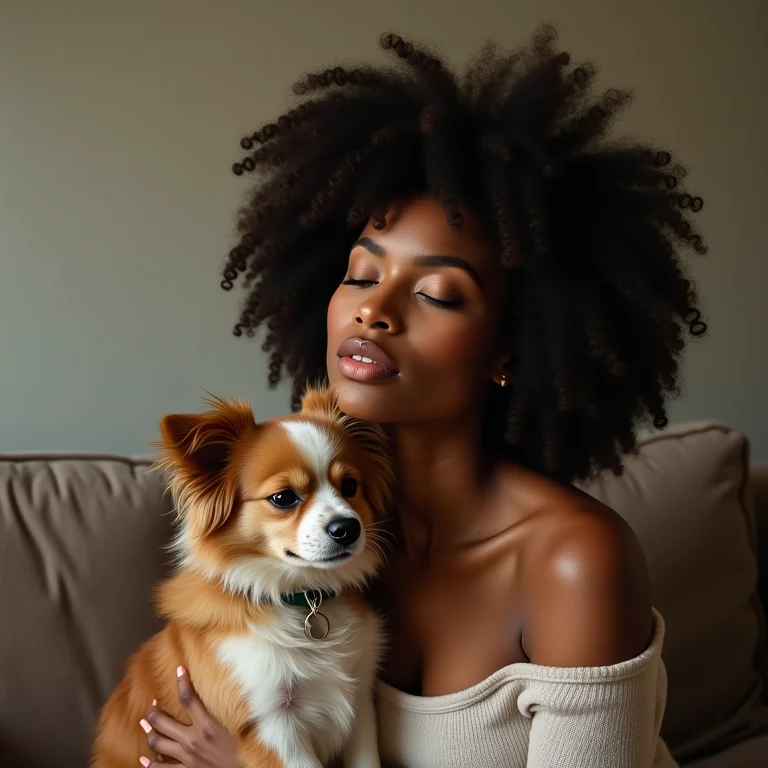 Mulher negra com cachorro dormindo em sua cabeça, demonstrando proximidade e confiança.