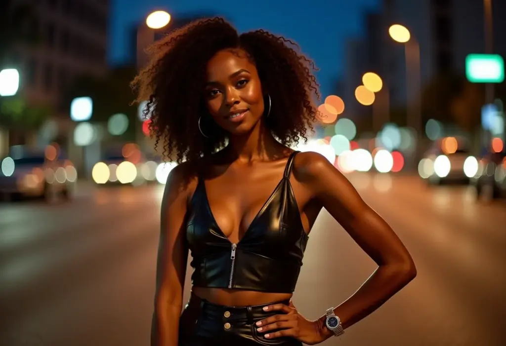 Mulher negra com saia de couro sintético em look noturno