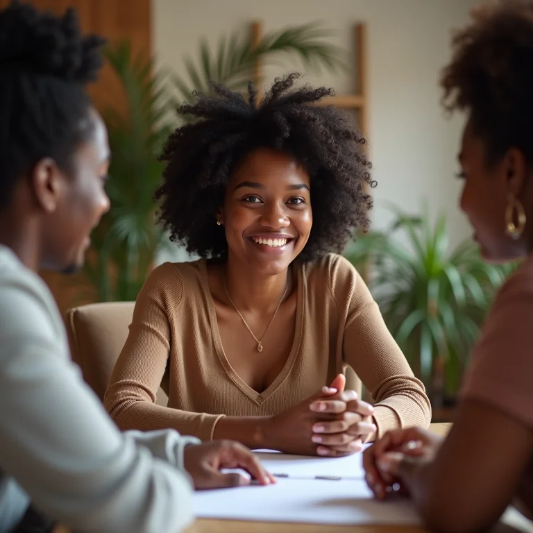 Mulher negra liderando reunião familiar sobre finanças.