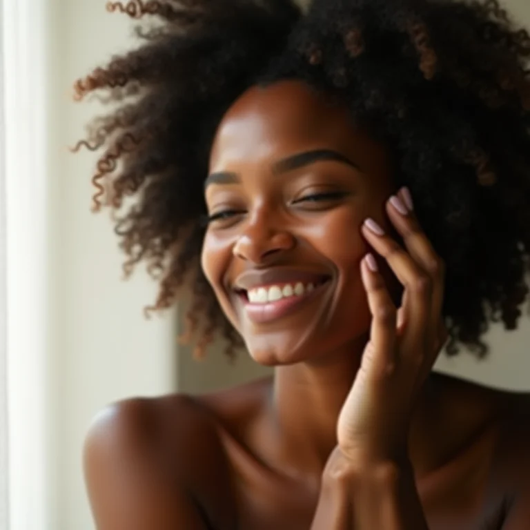 Mulher negra massageando óleo facial