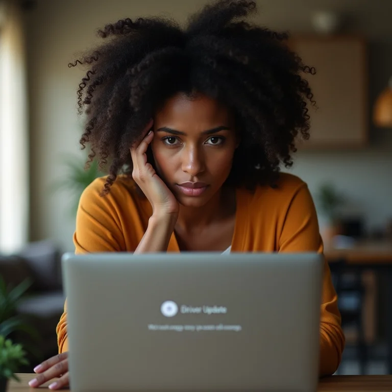 Mulher negra preocupada com atualização de driver no notebook.