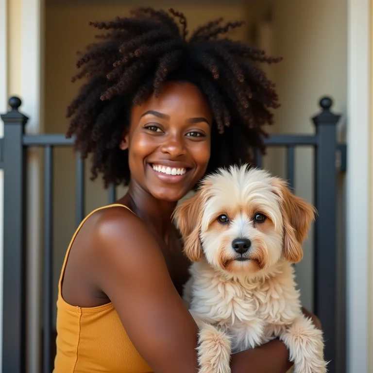 Mulher negra sorrindo ao lado de um portão de segurança com seu cachorro