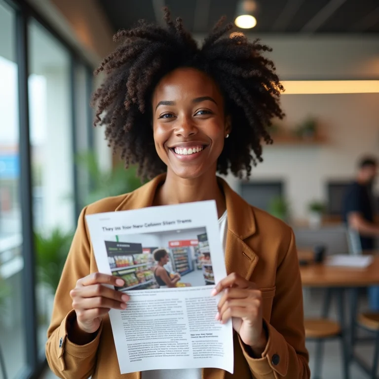 Mulher negra sorrindo ao ler sobre o crescimento do setor de lojas de conveniência
