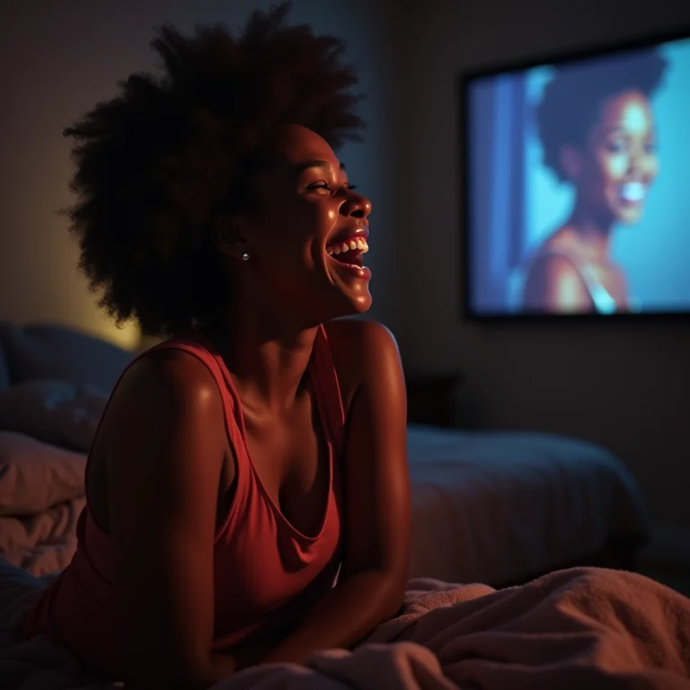 Mulher negra sorrindo assistindo filme projetado na parede