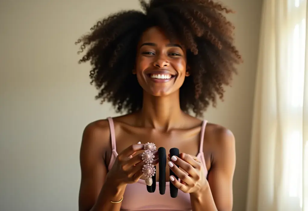 Mulher negra sorrindo com acessórios de cabelo acessíveis